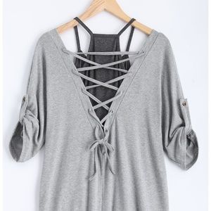 Scoop Neck Hollow Out Front Lace-Up T-Shirt